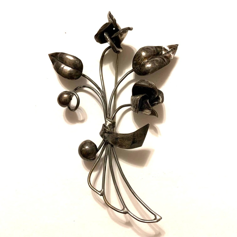 Vintage Sterling Silver Delicate Flower Brooch 3-1/2" Tall